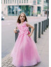 Pink Tulle 3D Flower Appliques Floor Length Flower Girl Dress